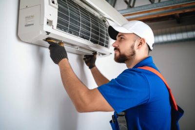 Air conditioning technician servicing a wall-mounted AC unit in Sun City West, AZ